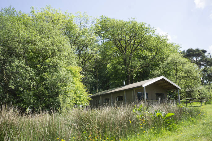 Exterior of Welcombe safari tent at Berridon Farm in Devon