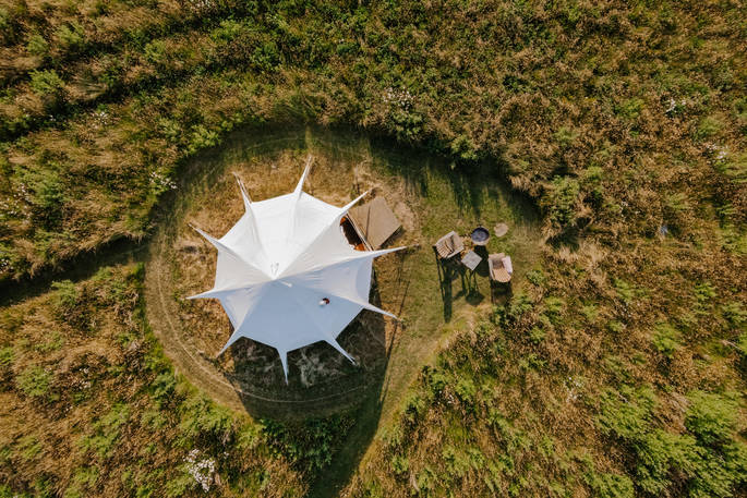 Mackies bell tent from above, Priors Hardwick, Warwickshire