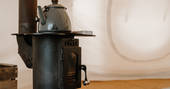Upper Navy yurt kettle on wood burner, Priors Hardwick, Warwickshire