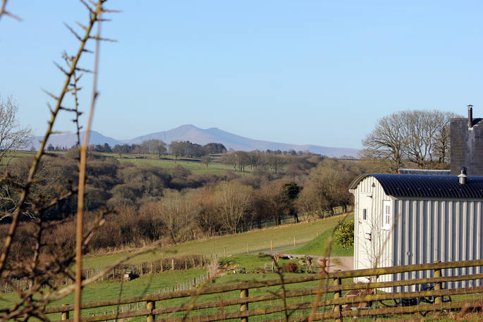 View of Pen y Fan from Shepherd's hut at Argeod in Powys, Wales