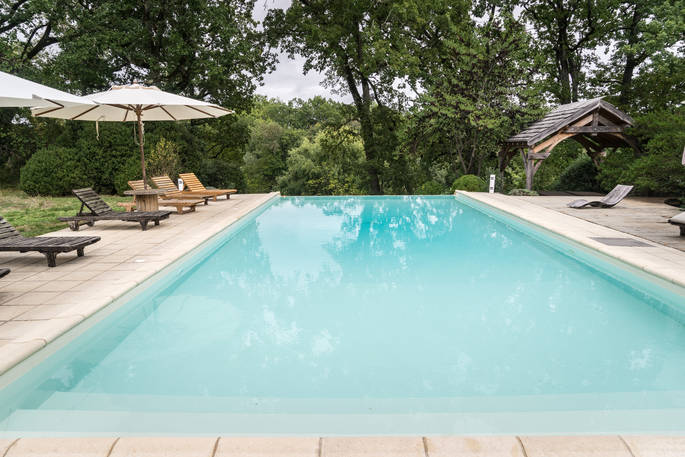 Shared swimming pool at Gauthie Lakeside Treehouse, Dordogne, France