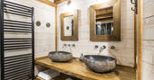 Two sinks in the bathroom at Hautefort Treehouse, Châteaux dans les Arbres, Dordogne, France