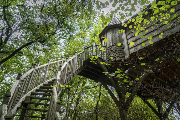 Looking up at the staircase leading to Monbazillac Treehouse, Châteaux dans les Arbres, Dordogne, France