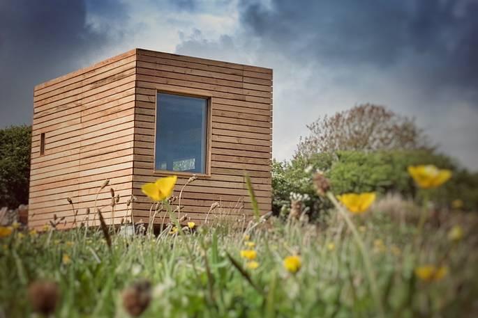 Square boxed modern cabin with meadow flowers 