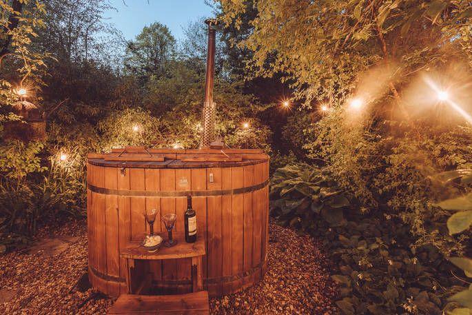 Woodfired hot tub with fairy lights 