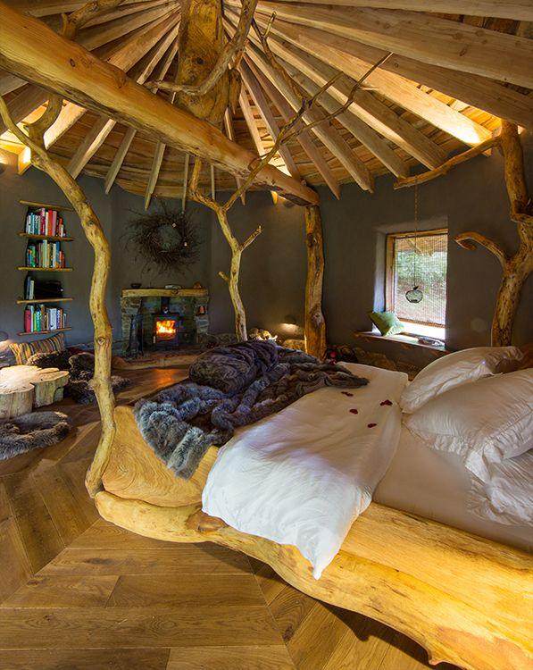 Love in the Round bedroom with fireplace