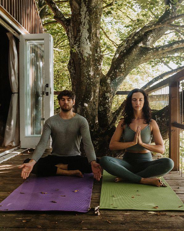 Two people doing yoga on decking under a tree