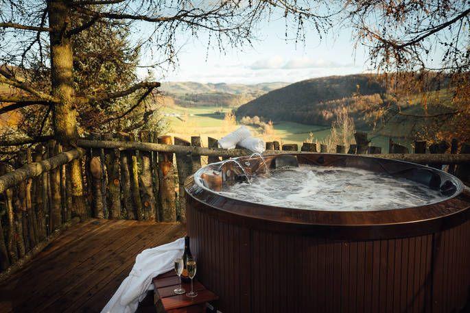 Hot tub decking with view of countryside 