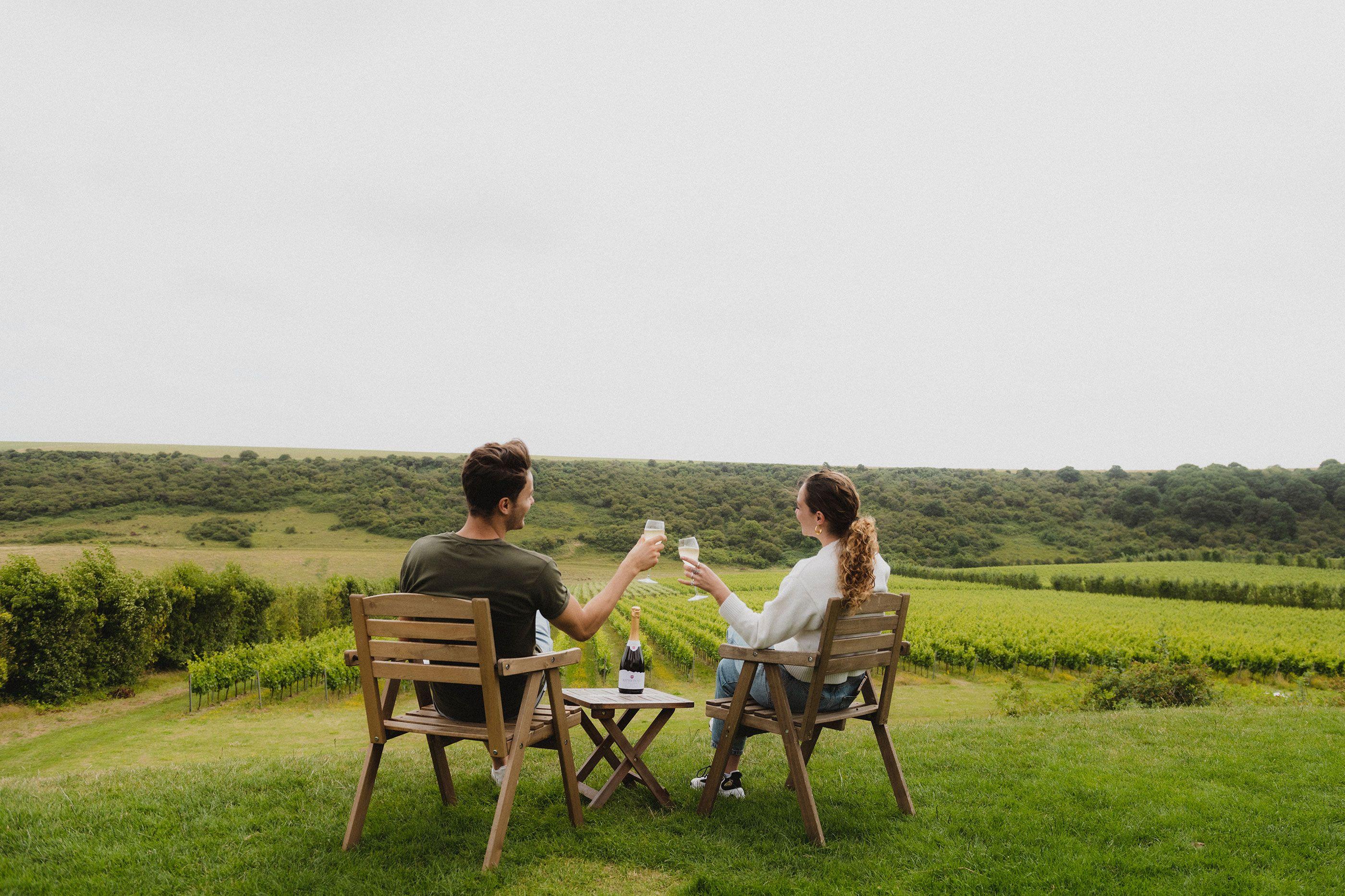 A male and female couple enjoying a glass of wine with a view of the vineyard