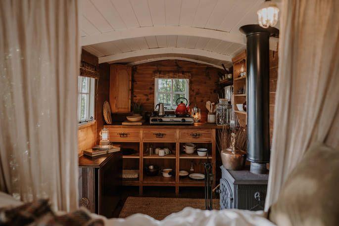 Cabin interior with wood burner 