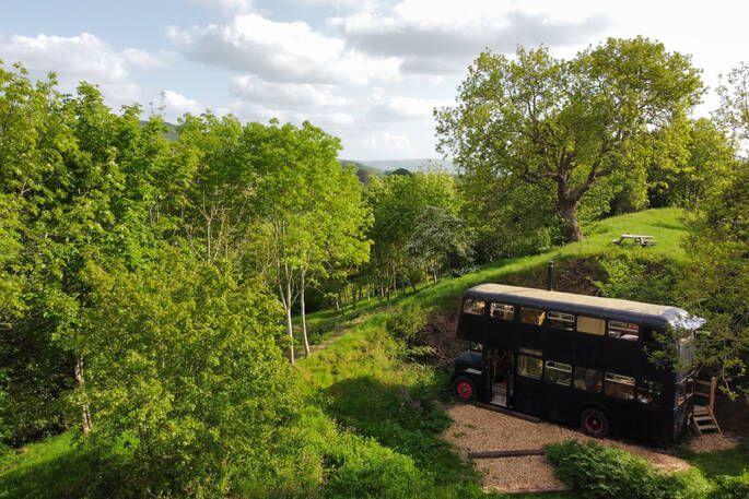 Glamping bus in rural area 