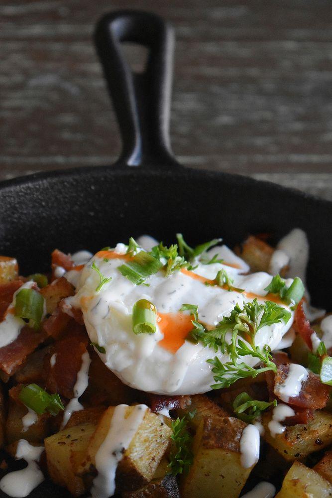 Egg and potato hash in cast iron skillet