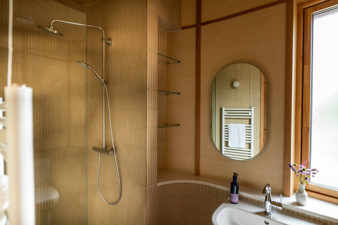 Bathroom with a hot shower, sink and flushing toiltet