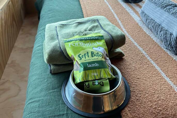 dog bowl towel treats waste bags provided
