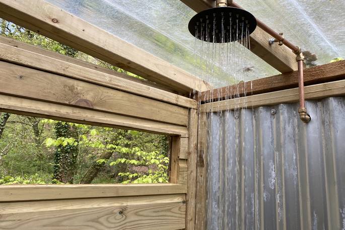 Lost Meadow Treepod treehouse - view from the shower, Broom Park Farm, Bodmin, Cornwall