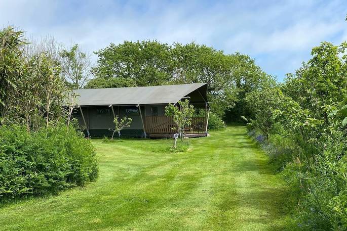 Mabbs safari tent exterior, St Just, Cornwall, England