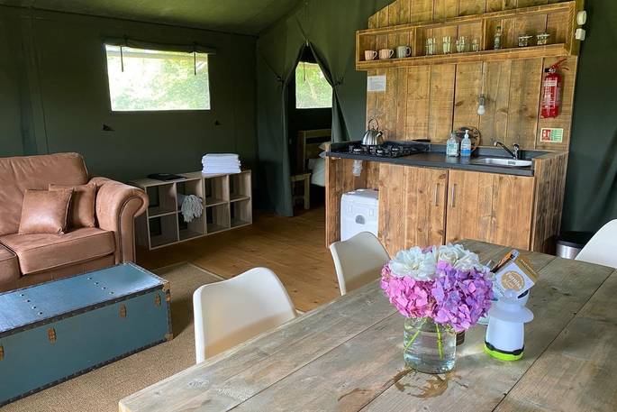 Mabbs safari tent interior, St Just, Cornwall, England