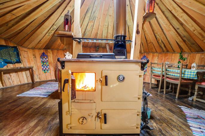 A traditional steaming stove keeping the cabin warm at the Cornish Hobbit in Cornwall