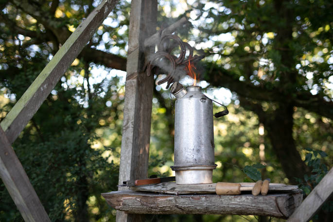 Outdoor kettle at Woodland Cabin at Mill Valley in Cornwall 