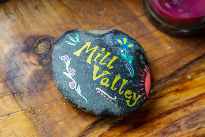 A painted Mill Valley stone at Woodland Hobbit in Cornwall