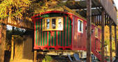 Sanger's Showman's Wagon surrounded by autumnal trees in Cornwall