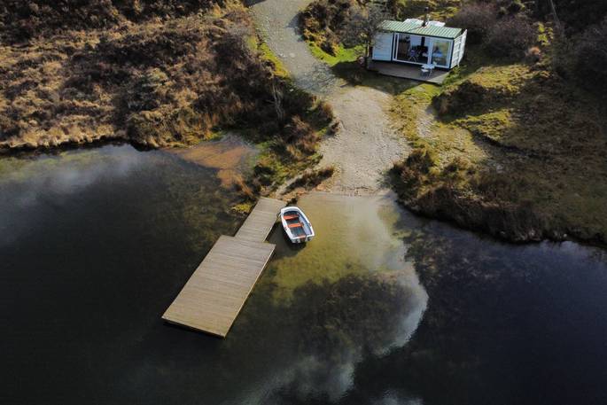 The Lake cabin, shipping container - aerial view, Bodmin, Cornwall. Cornish holiday