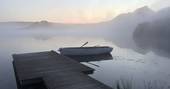 The Lake cabin, shipping container - misty morning with rowing boat, Bodmin moor, Cornwall. Cornish holiday