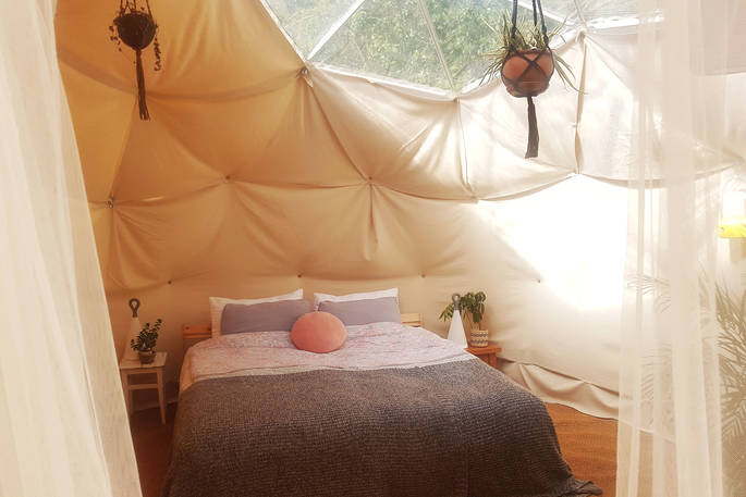 One double bed inside the geodome at Wilderme 