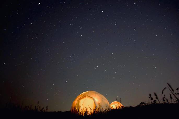 WilderMe geodomes glamping - during the night, Kingsand, Cornwall