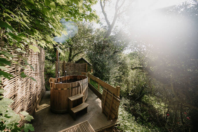 Simba Treehouse view from the hot tub, St Agnes, Cornwall, England