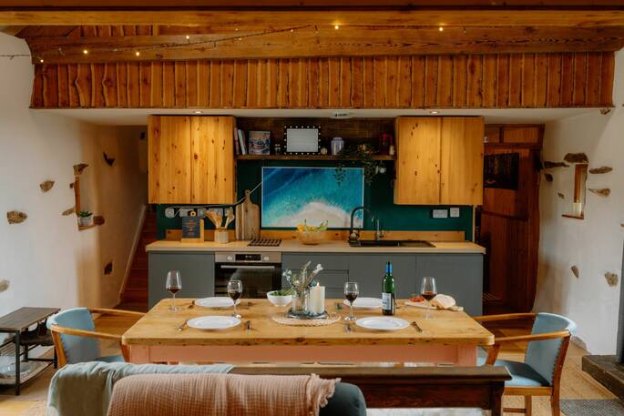 Dining table and kitchen