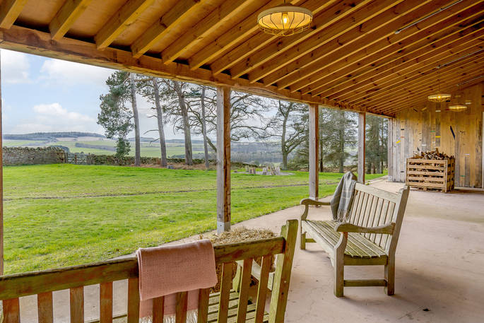 High Barn - outside the barn covered lounging resting area, Edenhall Estate, Penrith, Cumbria