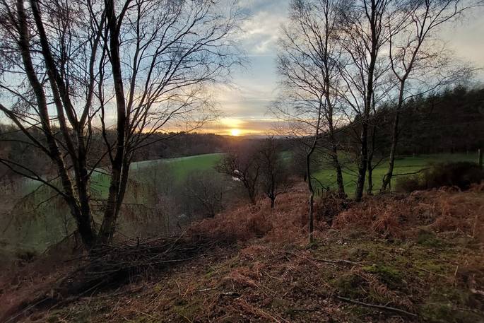 Merlin, The Lost Cabins sunset view, Edenhall Estate, Penrith, Cumbria
