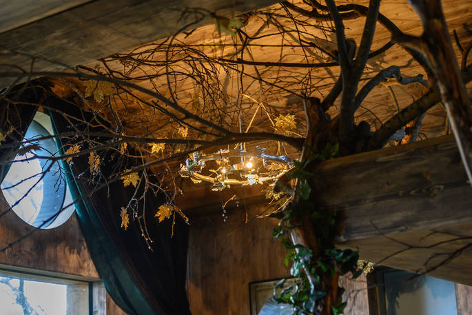 Branch-woven ceiling at Faraway Treehouse, Cumbria