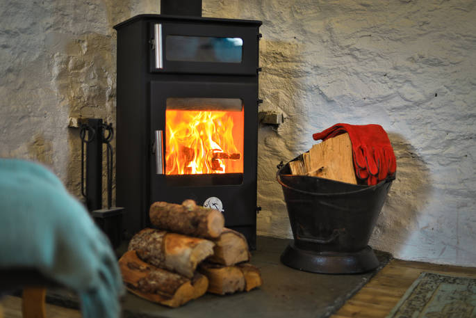 The Hog House bothy wood burner, Coniston, Cumbria