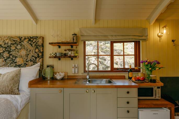 Kitchen equipped with a microwave and fridge