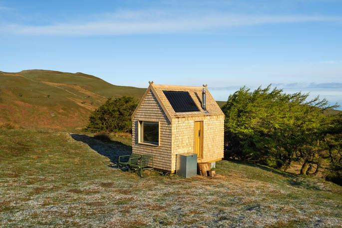 Hinterlandes Hidden Hut cabin on a sunny day, Lake District, Lorton, Cumbria