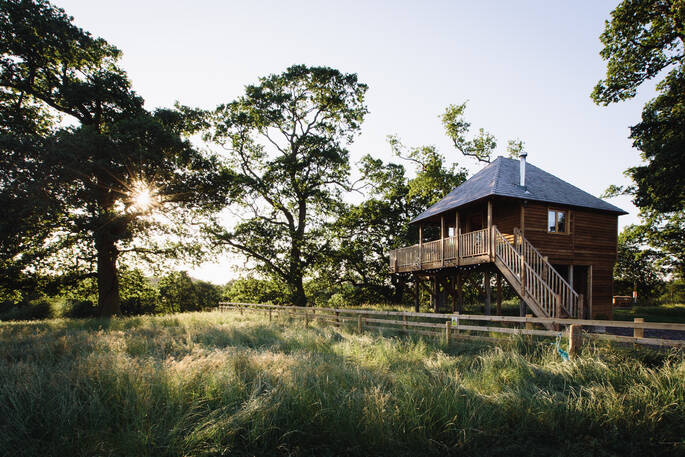 The magnificent Netherby Treehouse in Cumbria, surrounded by lush green countryside