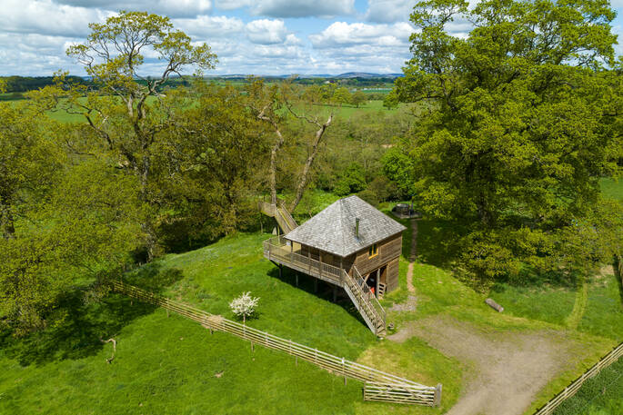 Netherby Treehouse drone view, Longtown, Cumbria, England