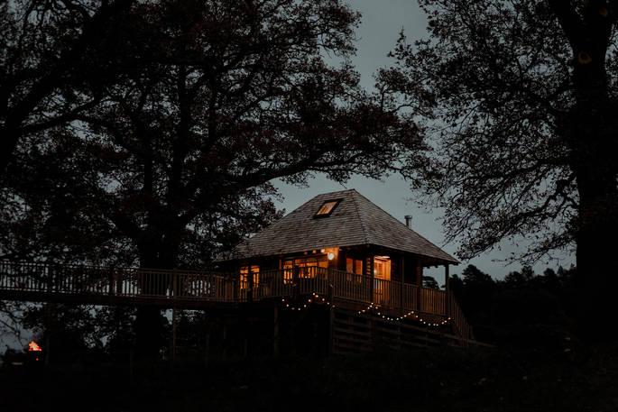 netherby treehouse cumbria scottish border glamping exterior at night