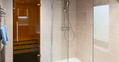 Edens Vale Lodge cabin bathroom and sauna, River House, Penrith, Cumbria
