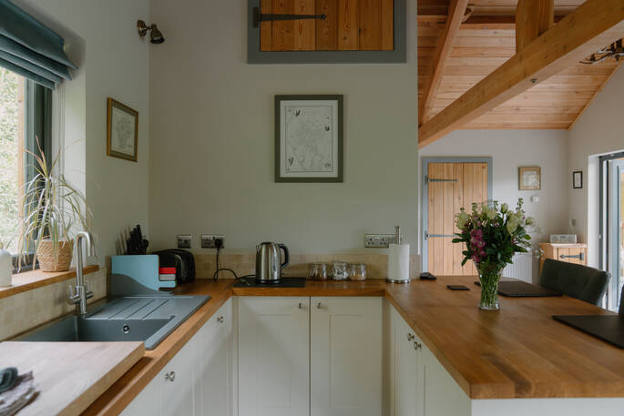 Edens Vale Lodge cabin kitchen, Penrith, Cumbria, England