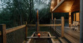 Edens Vale Lodge cabin outdoor hot tub during the night, Penrith, Cumbria, England