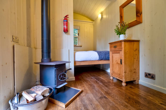 Carrock Shepherd's hut bed and wood burner, Penrith, Cumbria