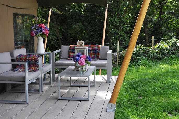 The Gritstone safari tent decking, The Gathering, Hope Valley, Derbyshire
