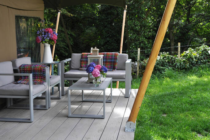 The Ryedale safari tent decking area, The Gathering, Hope Valley, Derbyshire