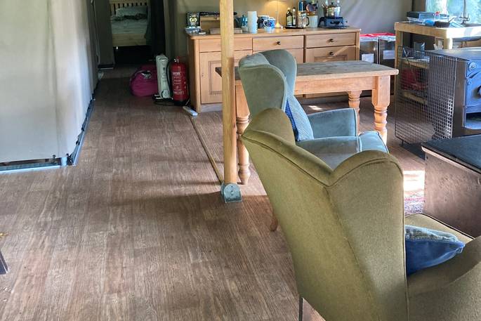 The Ryedale safari tent interior area, The Gathering, Hope Valley, Derbyshire