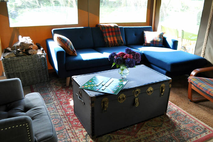 The Ryedale safari tent living room area, The Gathering, Hope Valley, Derbyshire