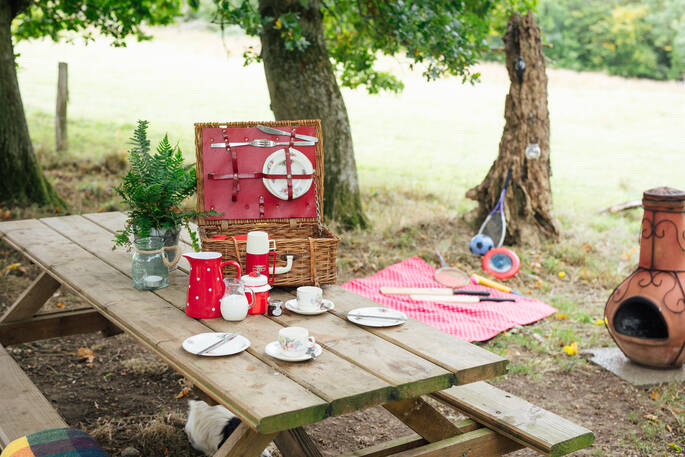 Light the chiminea to keep cosy as you enjoy a delicious picnic outside Fairfield shepherd's hut at Acorn Farm in Devon