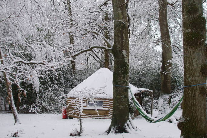The yurt at Turners Woodland Suite in the snow, Acorn Farm in Devon